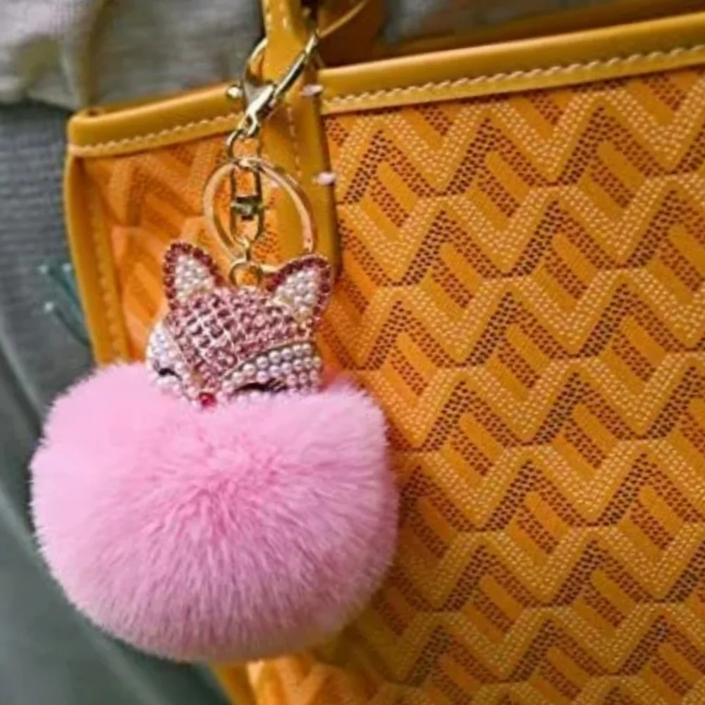 Pink Plush Pom Pom FOX Rhinestones Pearls Feminine Elegant Luxury Keychain Gift
